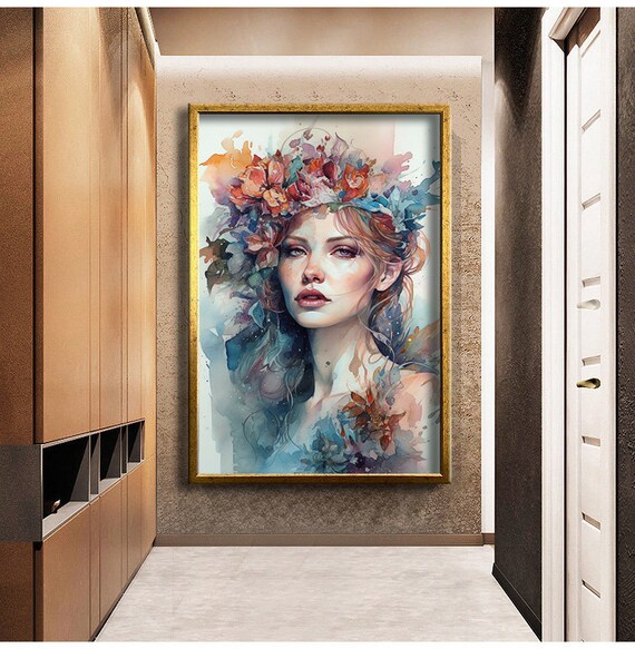 Watercolor Woman Floral Crown Dreamy Botanical Portrait Poster