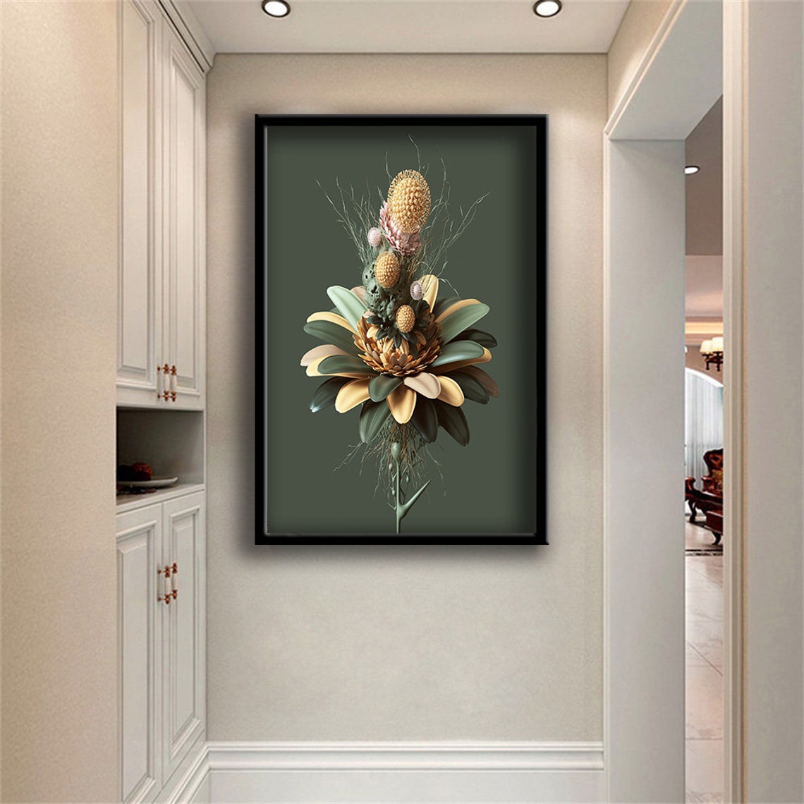 Surreal Exploding Flower Bouquet Exotic Blooms Dark Green Art Poster - Image 3