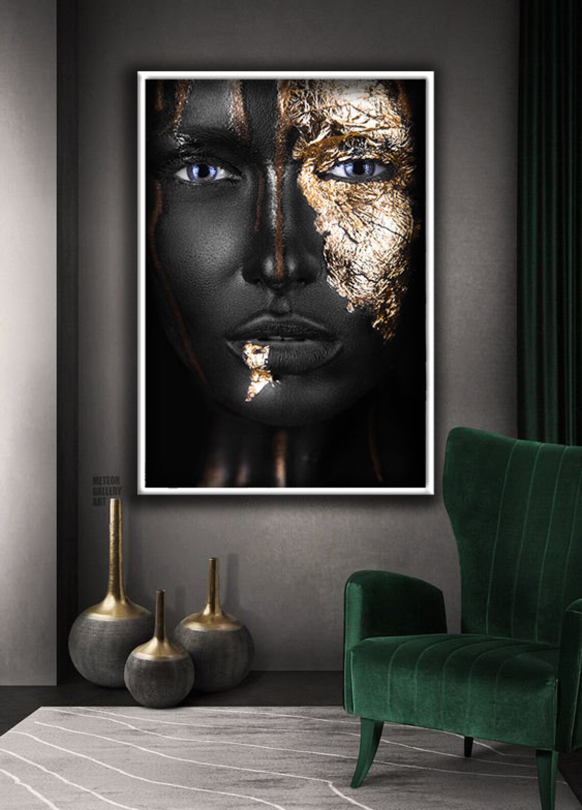 Black And Gold Leaf Woman Face Portrait Striking Modern Art Poster - Image 4