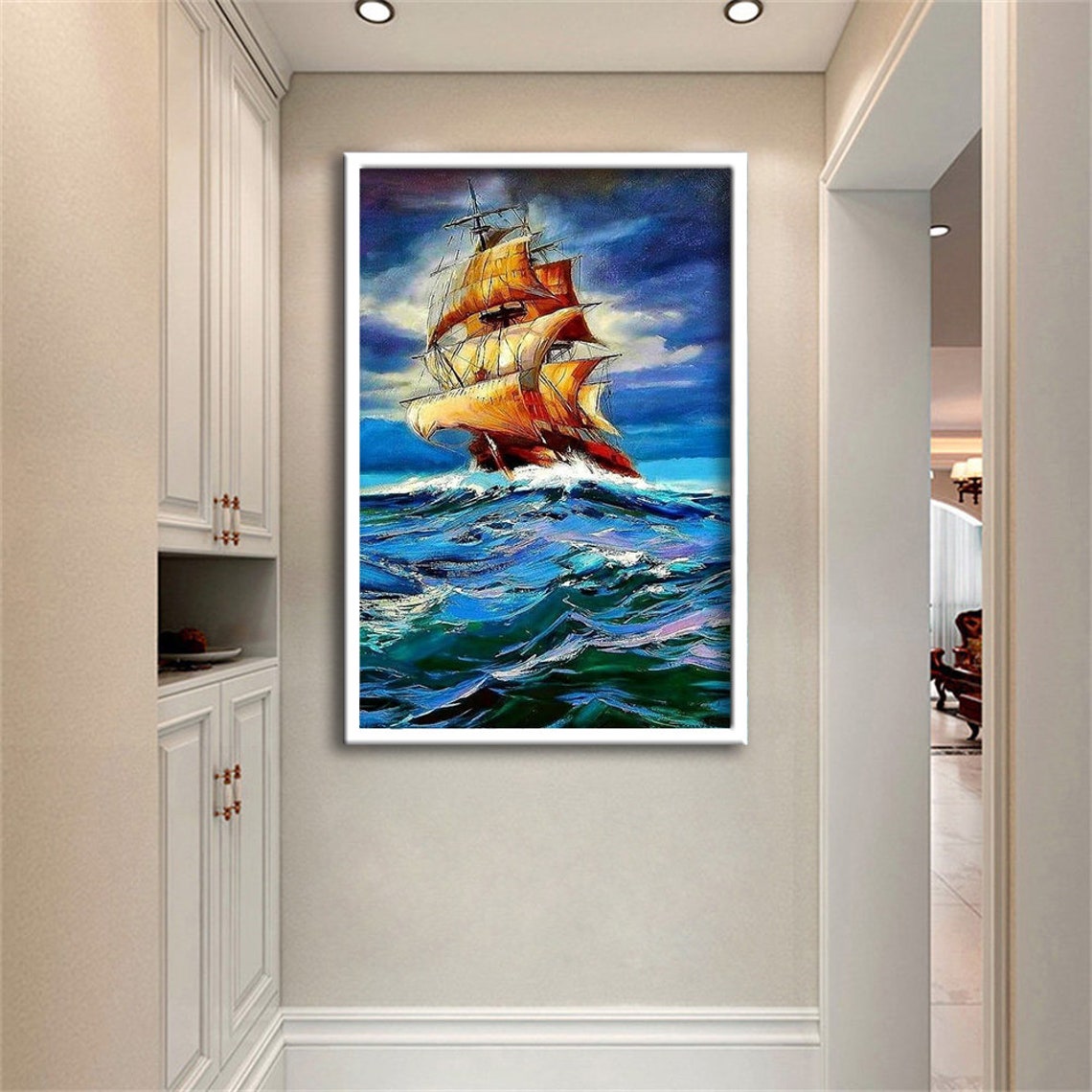 Tall Ship Golden Sails Stormy Blue Waves Nautical Oil Poster - Image 2