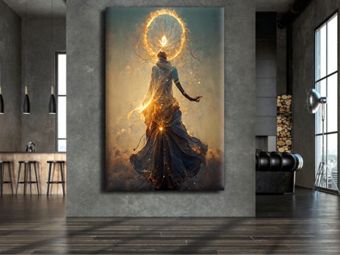 Fire Goddess Woman Painting Golden Halo Ethereal Fantasy Art Wall Poster - Image 2