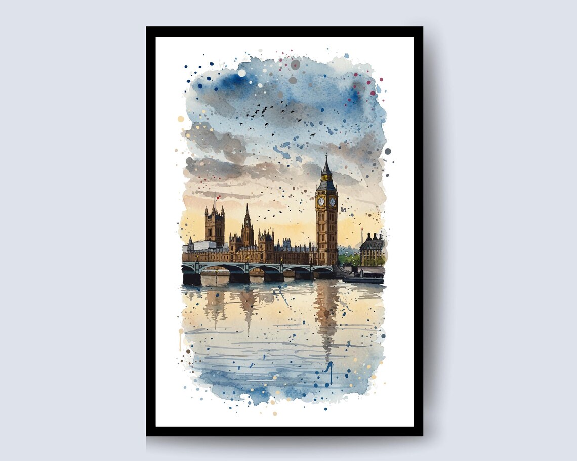 Big Ben London Watercolor Thames Skyline Houses Parliament Travel Poster