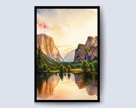 Yosemite Valley Golden Watercolor Sunset Cliffs River Poster