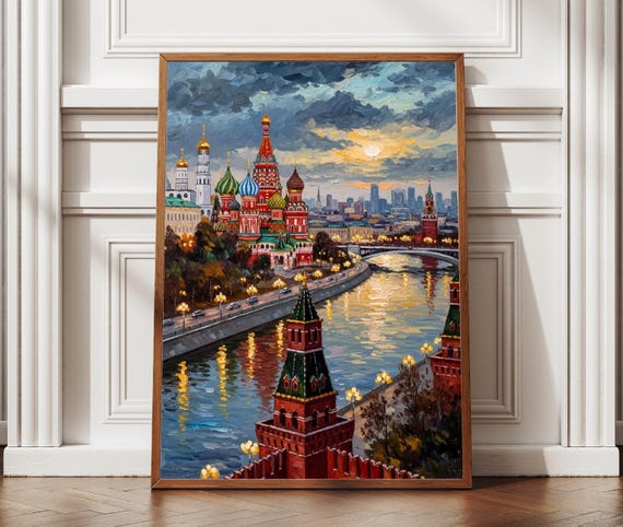 Moscow Russia Wall Art Style Travel Poster Red Square St Basil Cathedral Print Textured Russian Cityscape