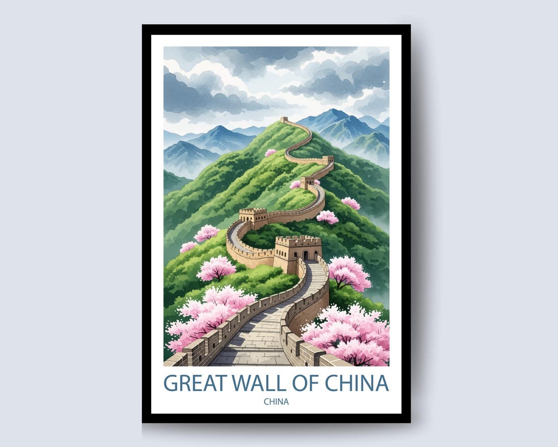 Great Wall Of China Spring Cherry Blossom Mountain Travel Poster