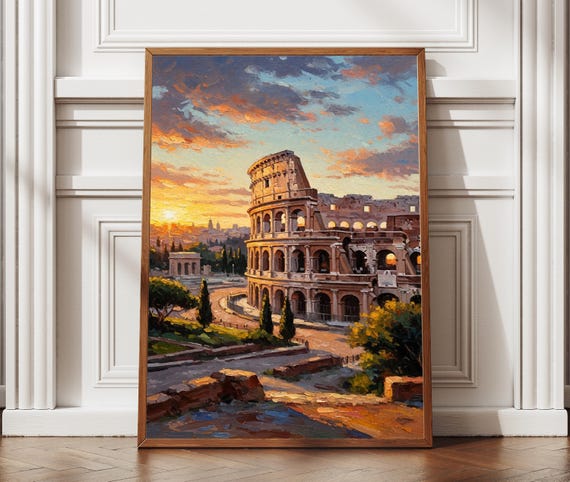 Roman Colosseum Sunset Landscape Oil Painting Textured Print Art Italy Travel Poster Home Office