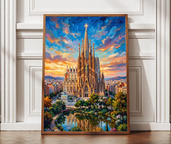 Barcelona La Sagrada Familia Basilica Textured Print Art Spain Travel Poster Home Office