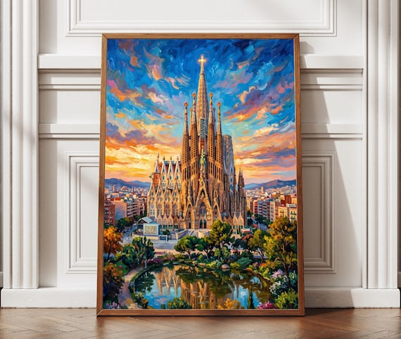 Barcelona Sagrada Familia Sunset Textured Spain Travel Art Poster