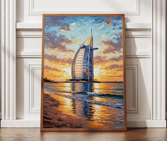 Sunset At Dubai Sailing Skyscraper Hotel Oil Painting Textured Style Print Art Middle East Travel Poster Home Office