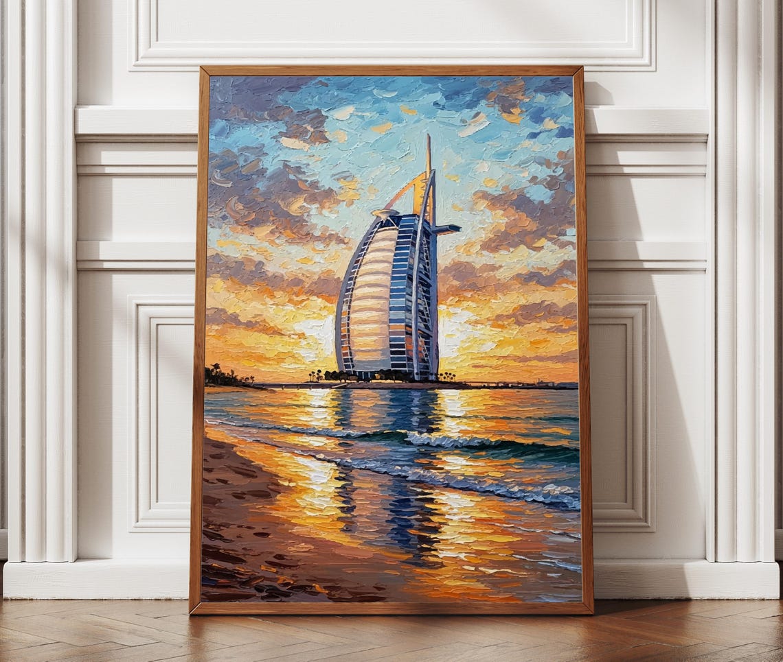 Burj Al Arab Dubai Sail Hotel Sunset Beach Oil Painting Poster