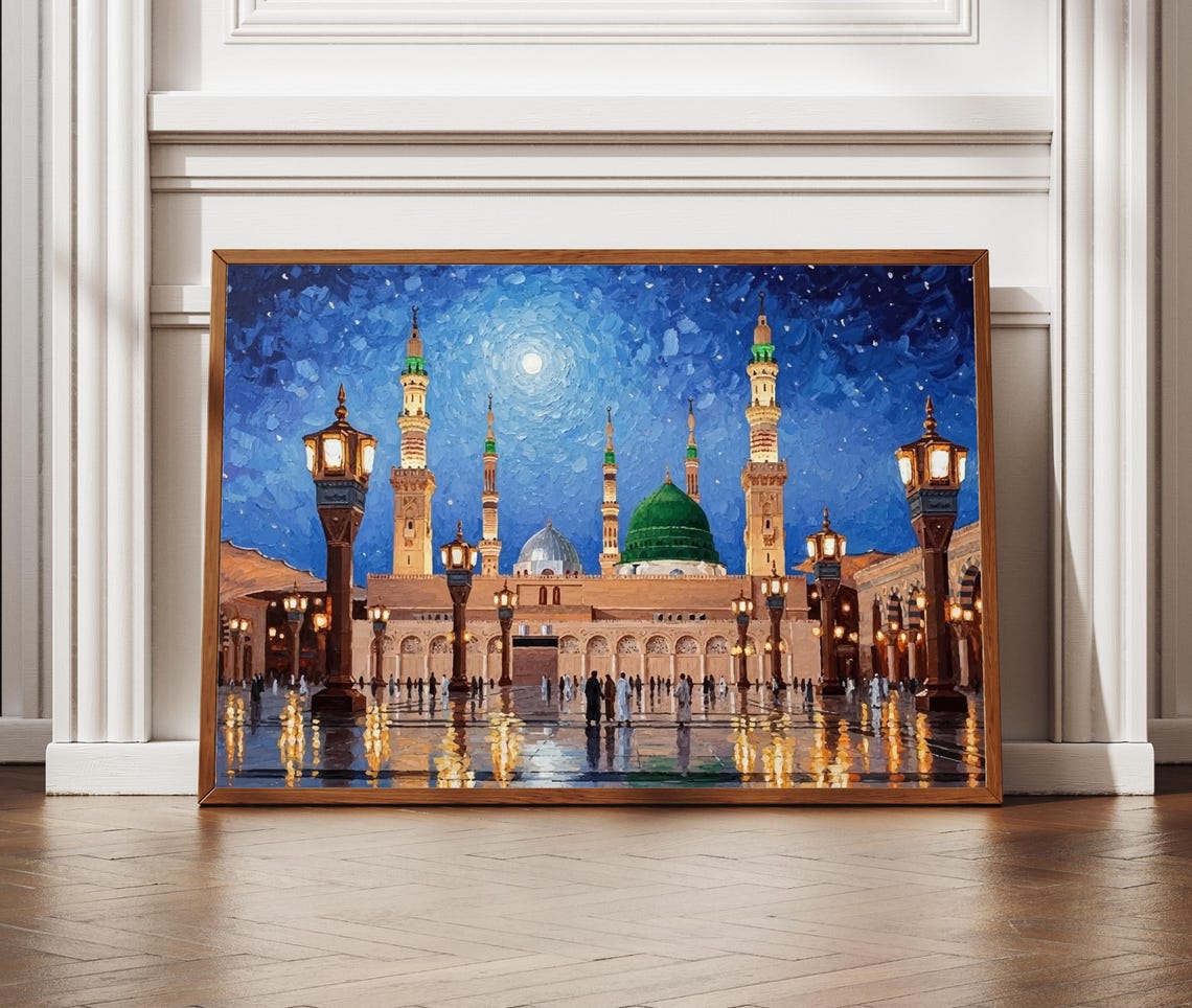 Masjid Nabawi Night Moonlit Courtyard Blue Islamic Painting Poster