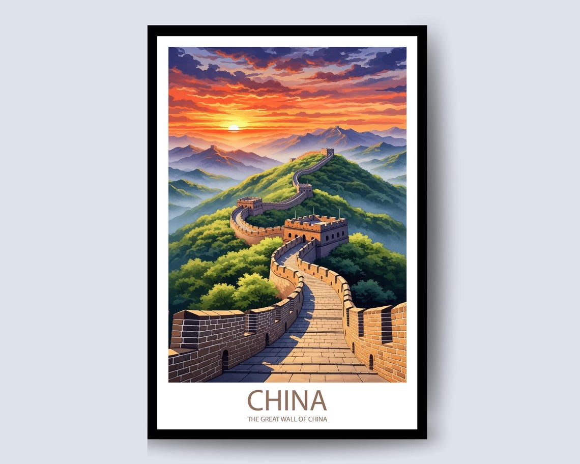 Great Wall Of China Dramatic Sunset Mountain Ranges Travel Poster