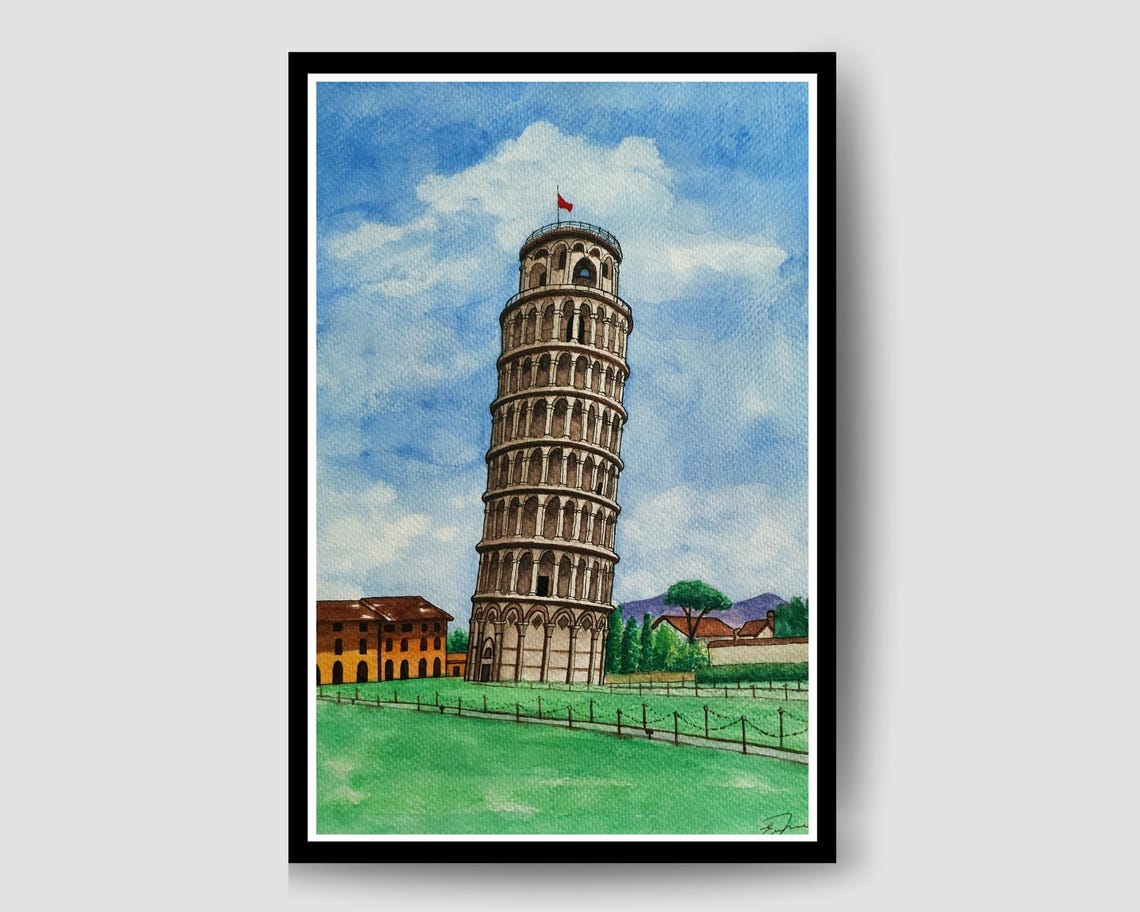 Leaning Tower of Pisa Italy Blue Sky Watercolor Travel Art Poster