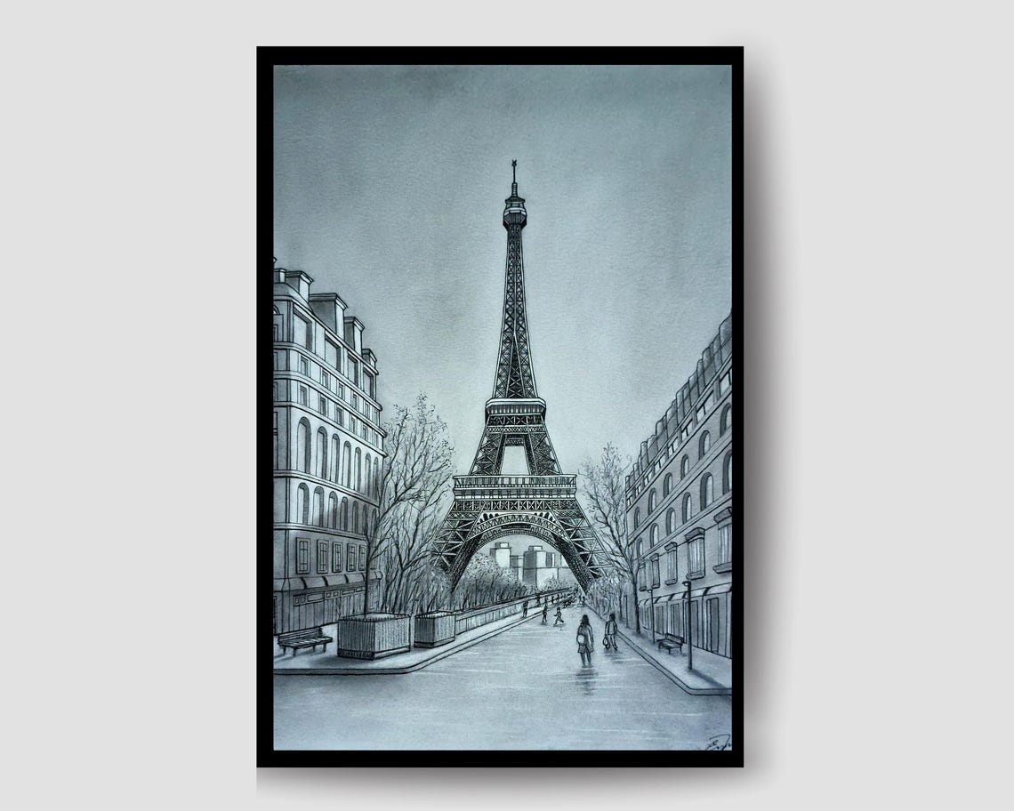 Handmade Pencil Drawing Eiffel Tower Art Paris Travel Poster Framed