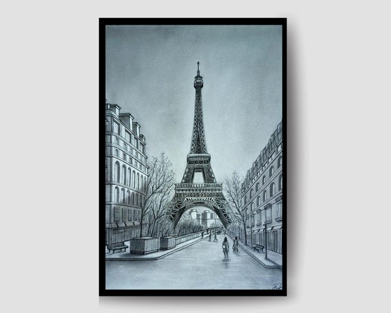 Handmade Pencil Drawing Eiffel Tower Art Paris Travel Poster Framed