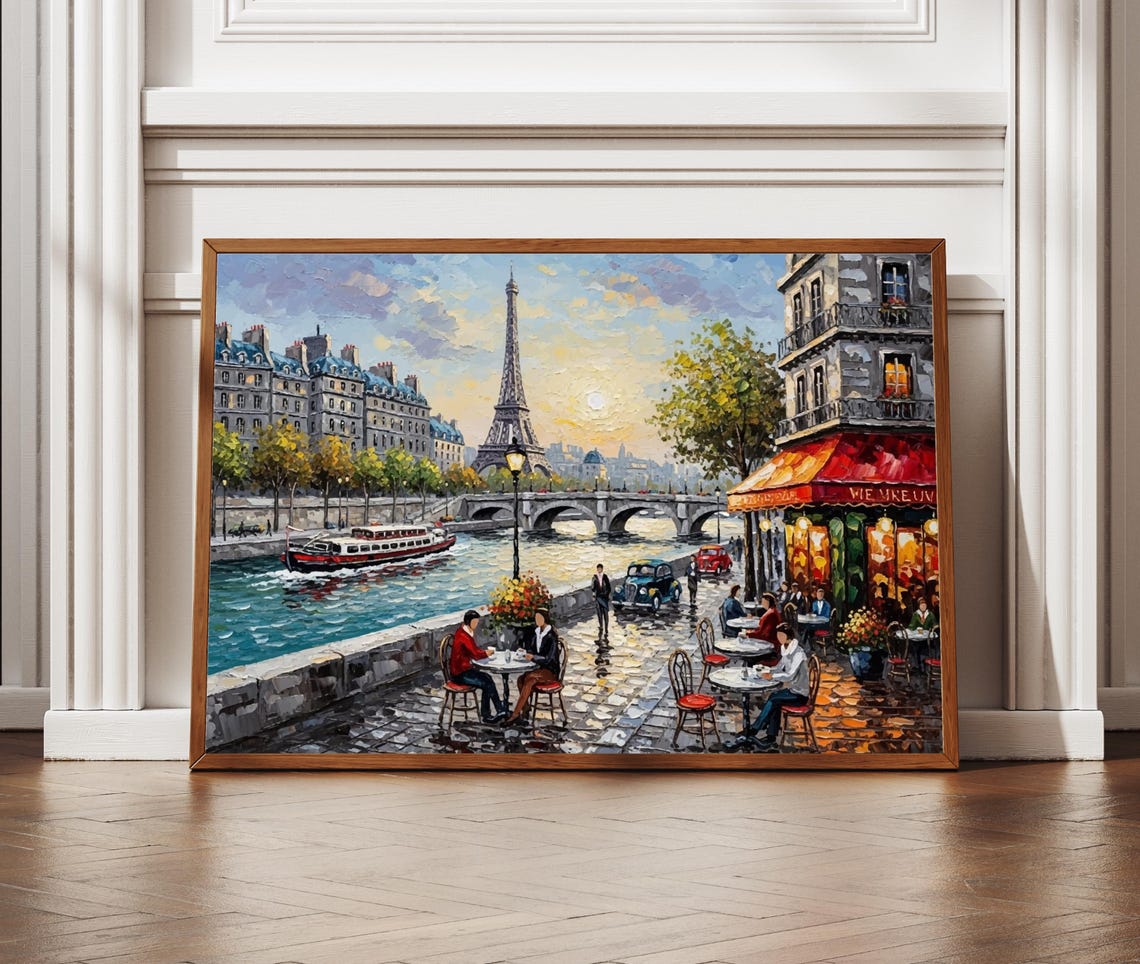 Paris Eiffel Tower Seine Cafe Evening Textured Impressionist Poster