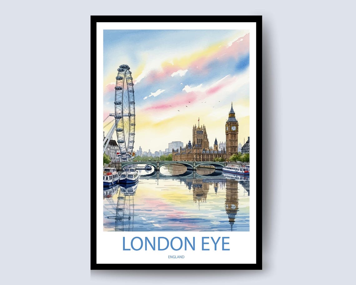 London Eye Thames River Boats Big Ben Watercolor City Poster