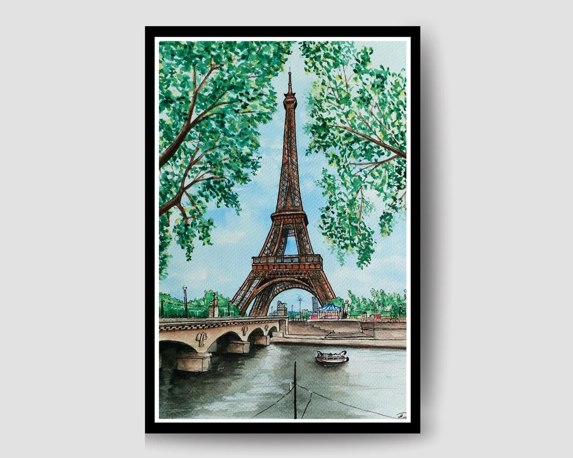 Eiffel Tower Watercolor Painting, Parisian Landscape