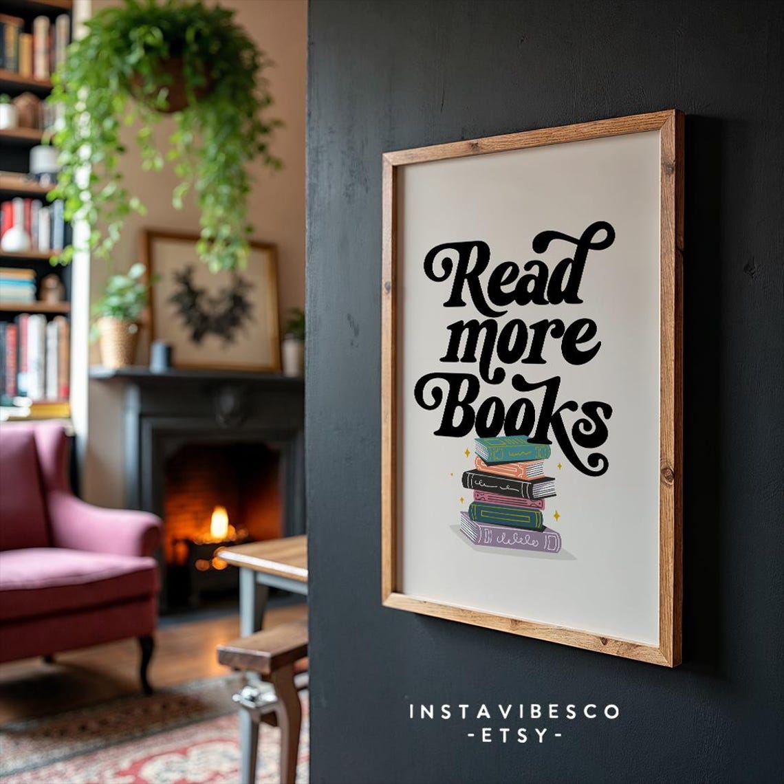 Read More Books Retro Type Stacked Books Illustration Quote Poster - Image 3