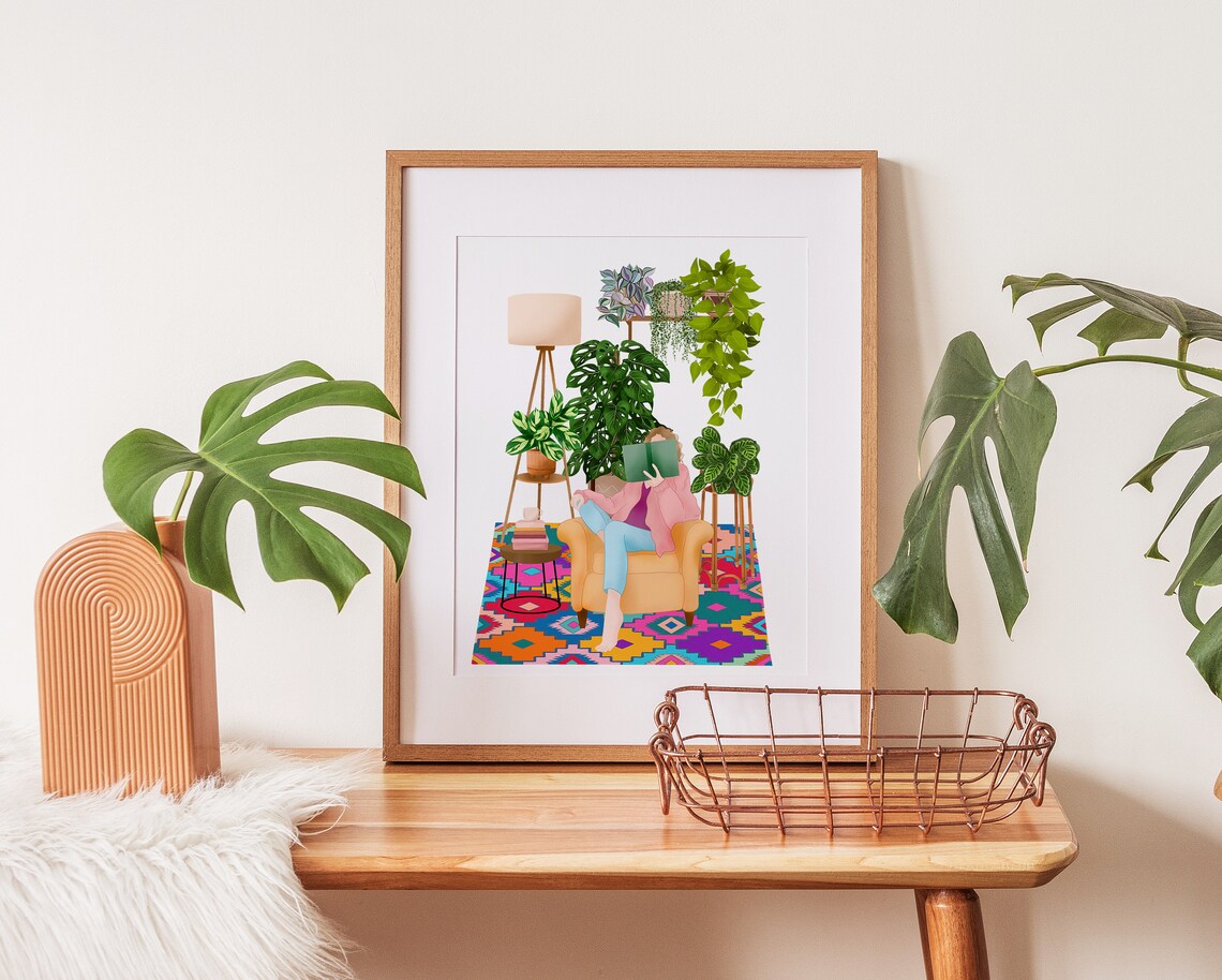 Woman Reading On Kilim Rug Print Cozy Houseplants Book Corner - Image 2