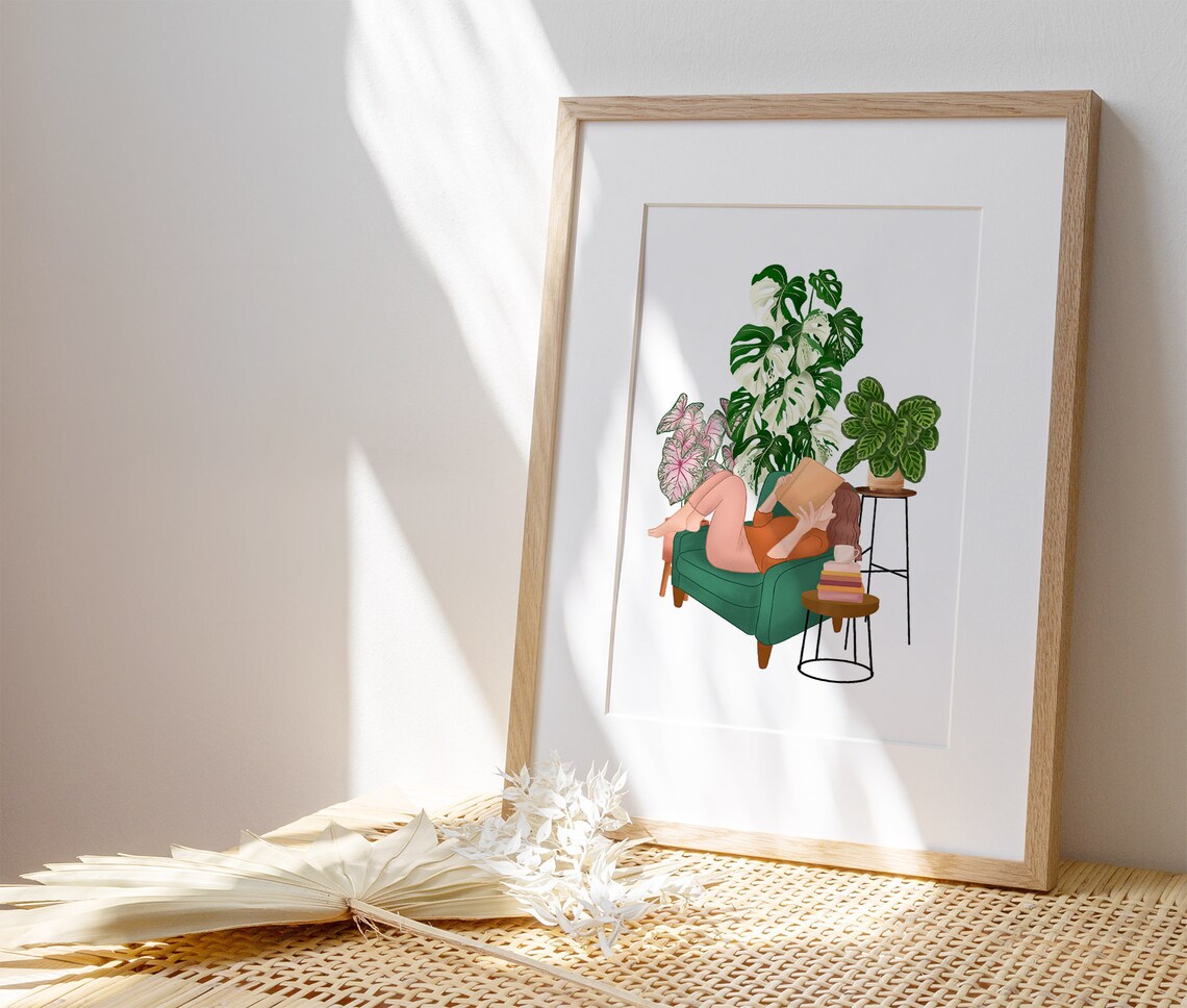 Woman Reading In Green Armchair Cozy Plant Lover Room Poster - Image 2