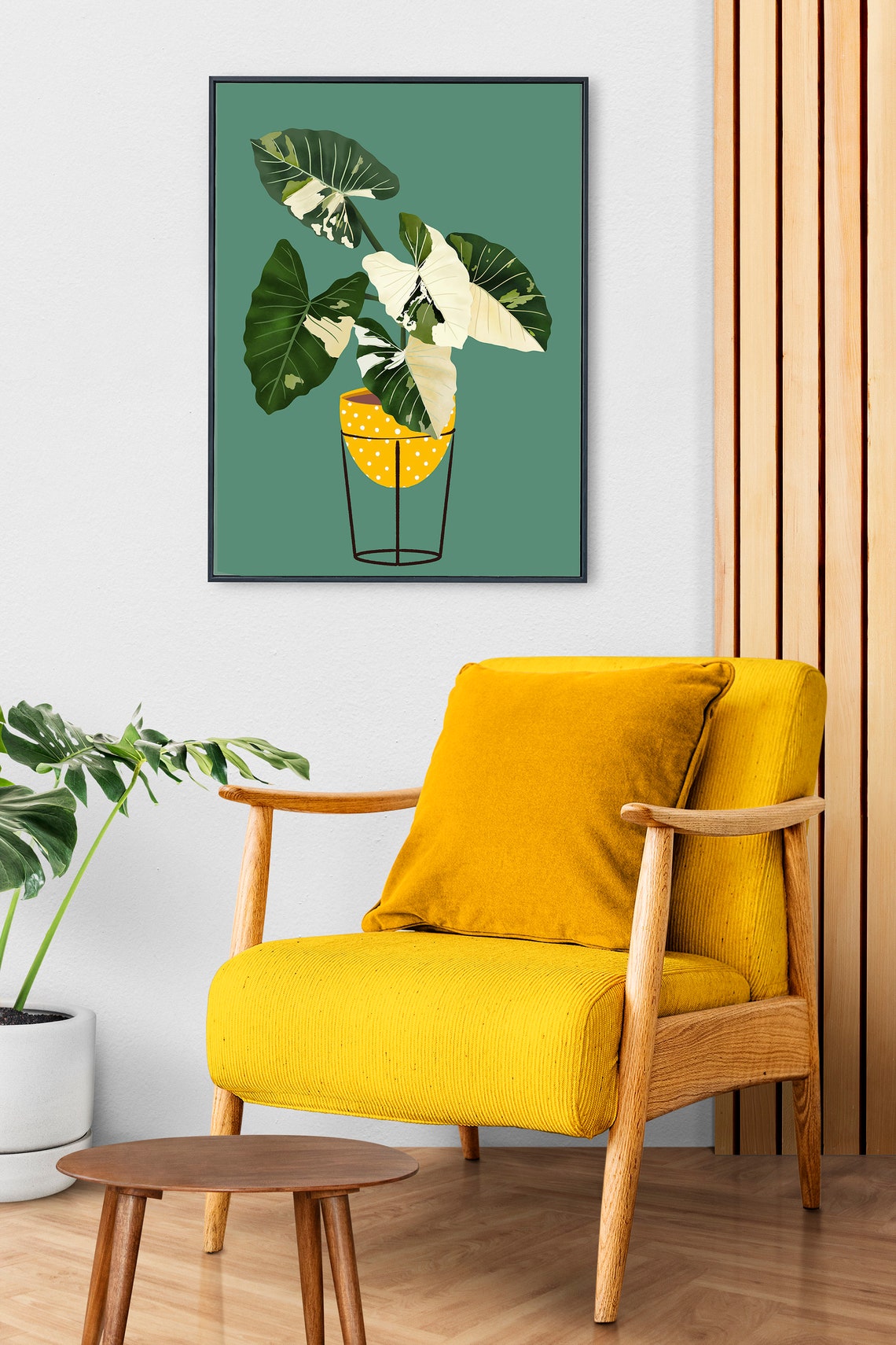Variegated Potted Plant Print Yellow Dotted Pot Teal Background - Image 3