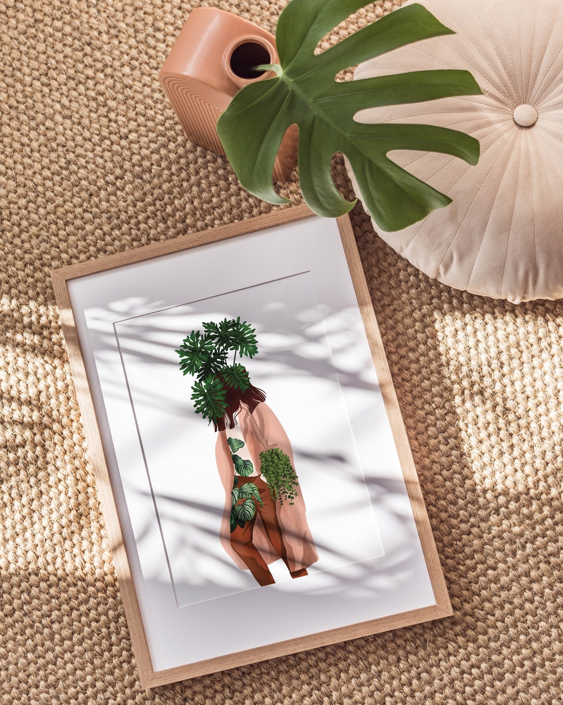 Woman Walking Away Monstera Head Blush Coat Chic Fashion Poster - Image 2