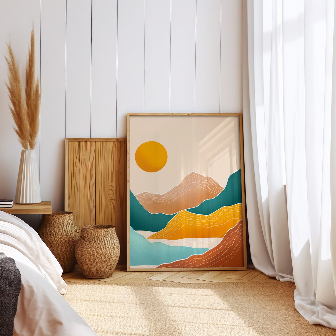Sunrise Over Teal And Ochre Lined Mountains Fresh Boho Poster - Image 2