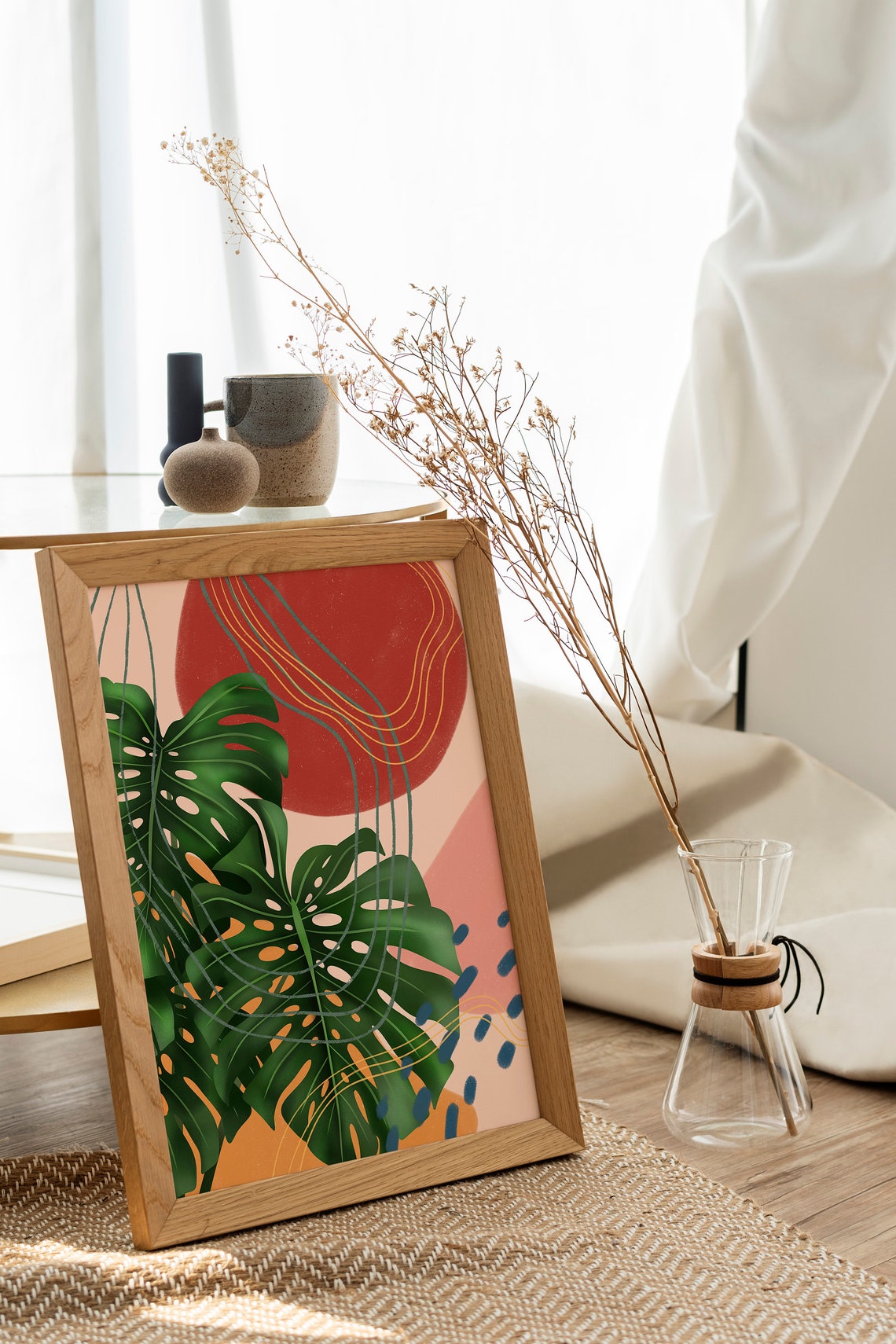 Monstera Deliciosa Art Print Red Sun Line Art Blush Pink Background - Image 3