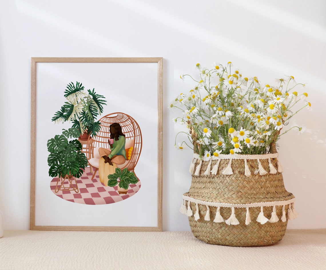 Plant Lady with a Pink Mug in an Egg Chair on a Checkered Rug Poster - Image 3