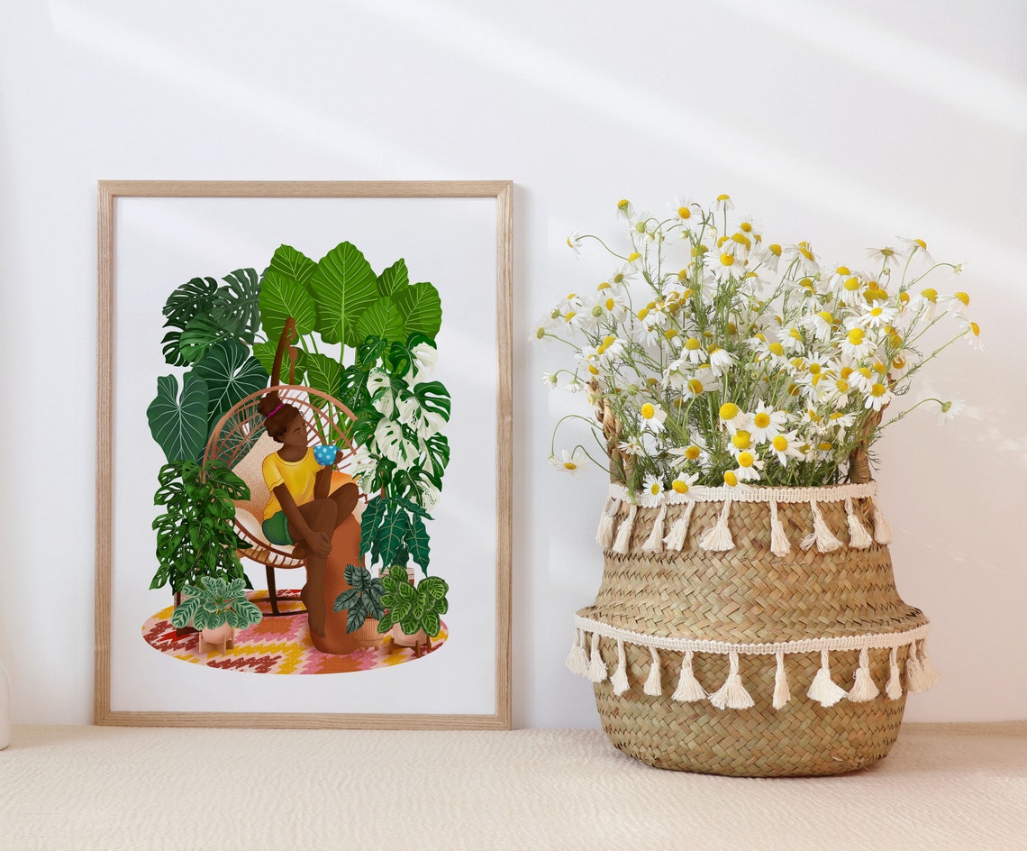 Plant Lady with a Blue Mug Relaxing in an Egg Chair Tropical Poster - Image 3
