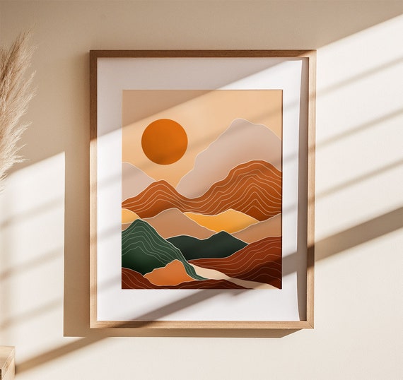 Sun And Mountains Landscape Illustration Minimalist Wall Art Abstract Landscape Art Print Terracotta Wall Art Boho Art Prints