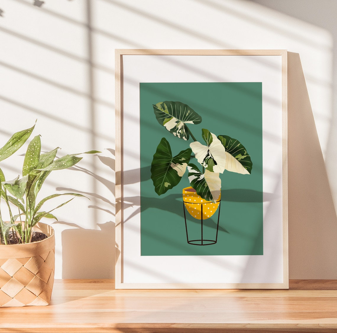 Variegated Potted Plant Print Yellow Dotted Pot Teal Background