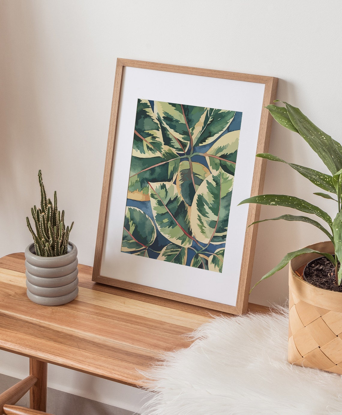 Variegated Ficus Elastica Leaves Watercolor Botanical Poster - Image 2