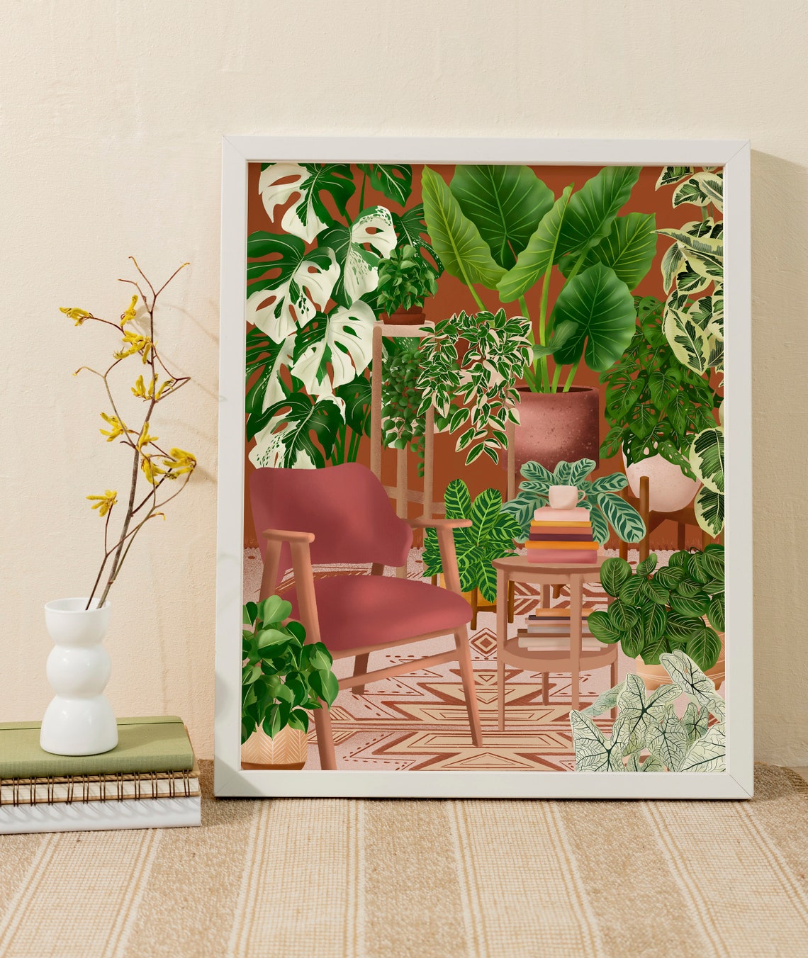 Pink Armchair Reading Corner with a Book Stack and Monstera Poster - Image 2