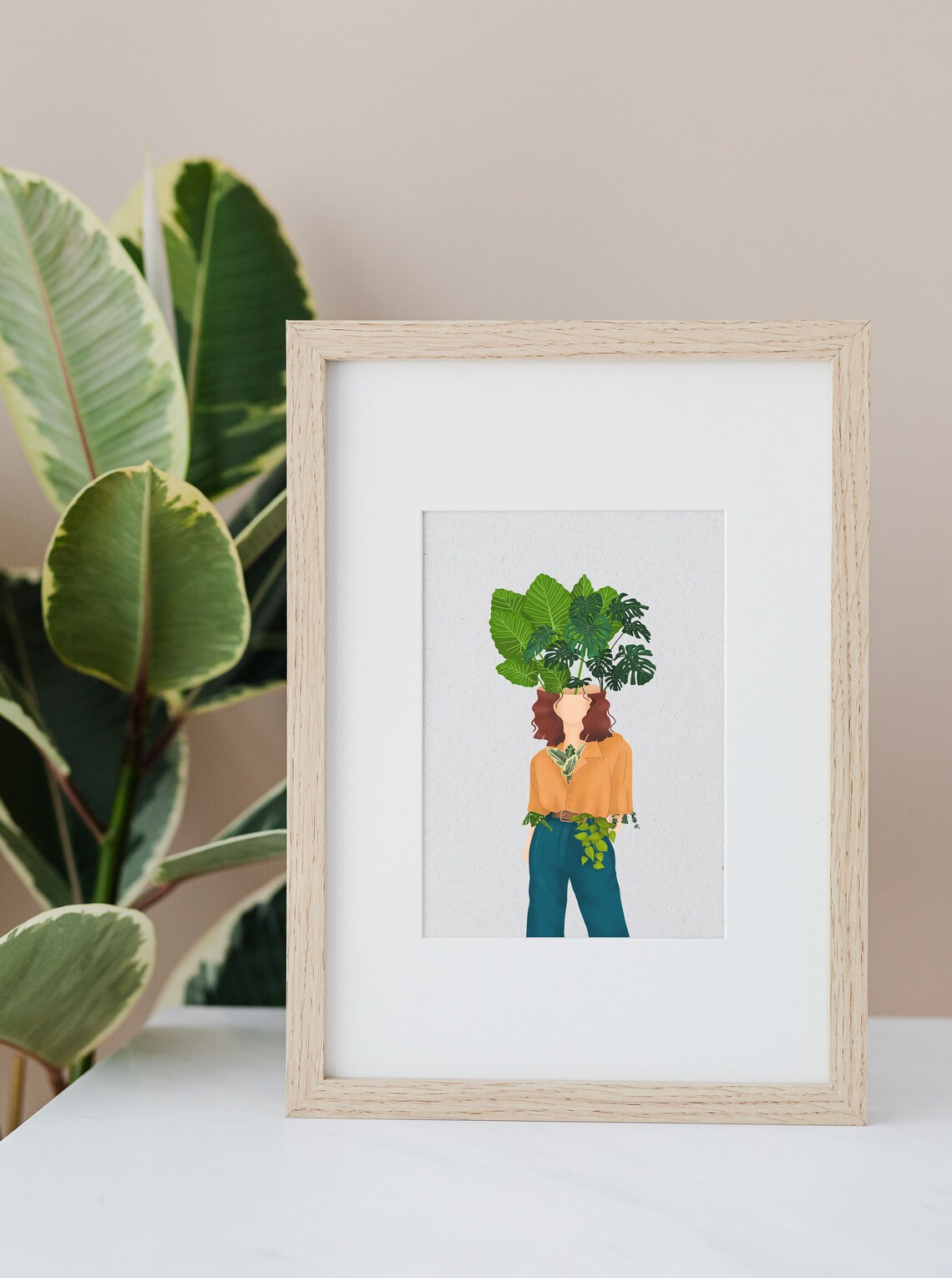 Woman Mustard Top Teal Trousers Big Leaf Head Fashion Poster - Image 2