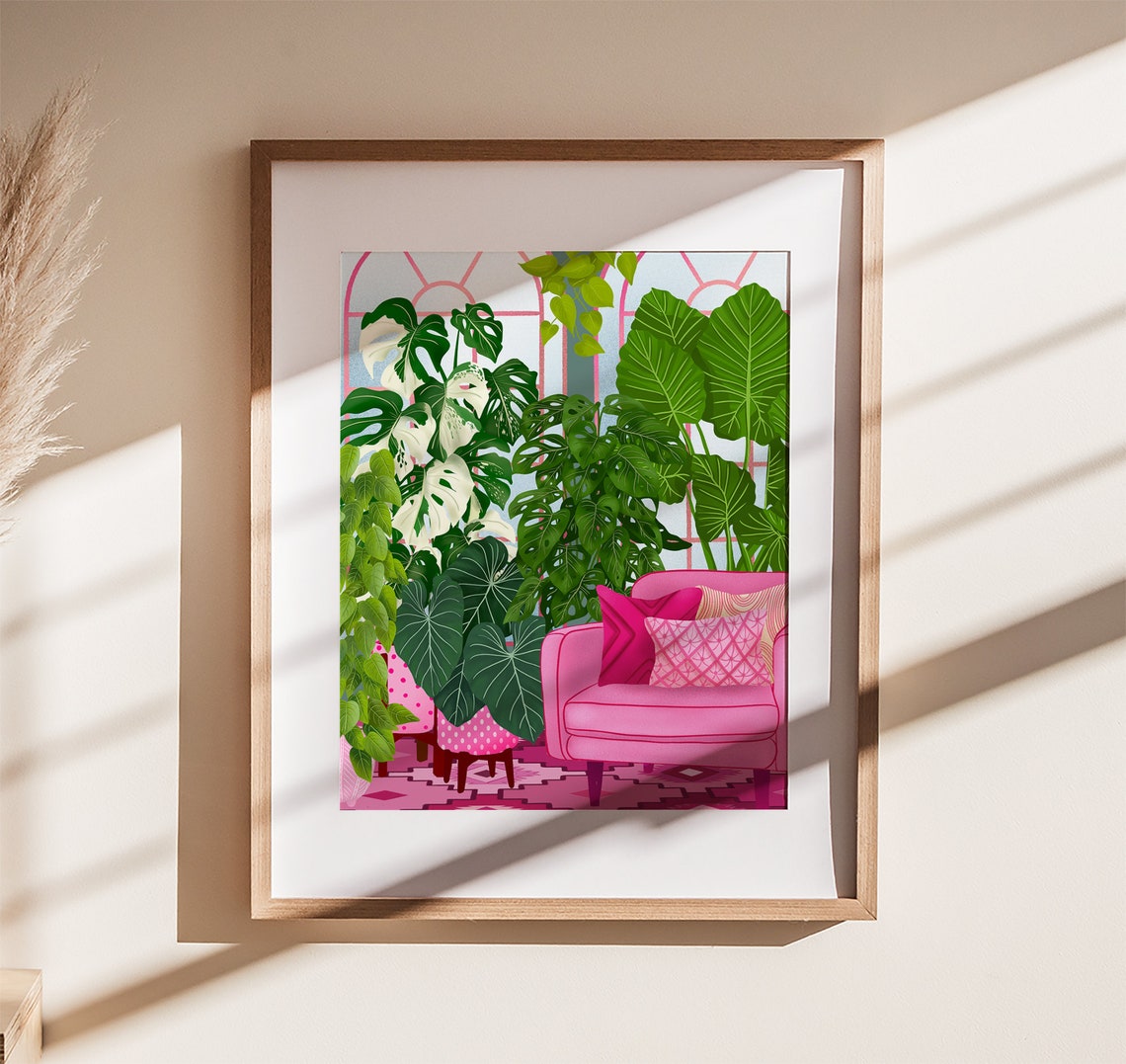 Pink Greenhouse Room With Loveseat And Tropical Plants Art Poster
