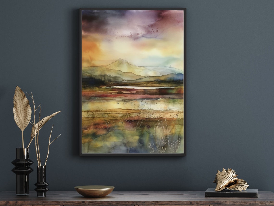 Abstract Mountain Lake Sunset Watercolor Landscape Painting Poster - Image 2