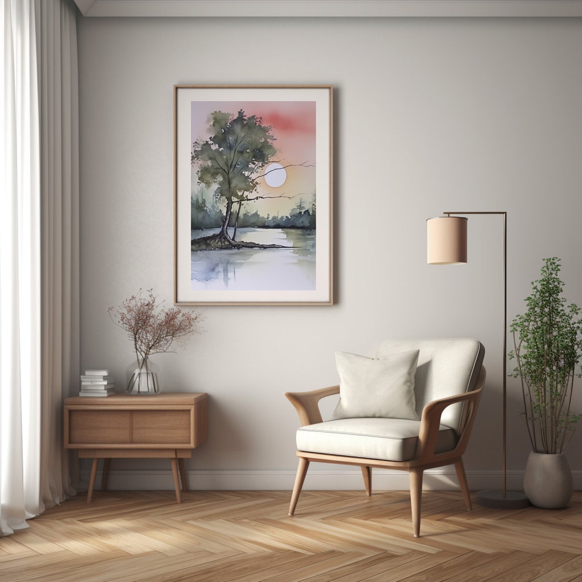 Boho Sunrise Over Lake Watercolor Art Print Serene Nature Decor Earthy Colors - Image 2