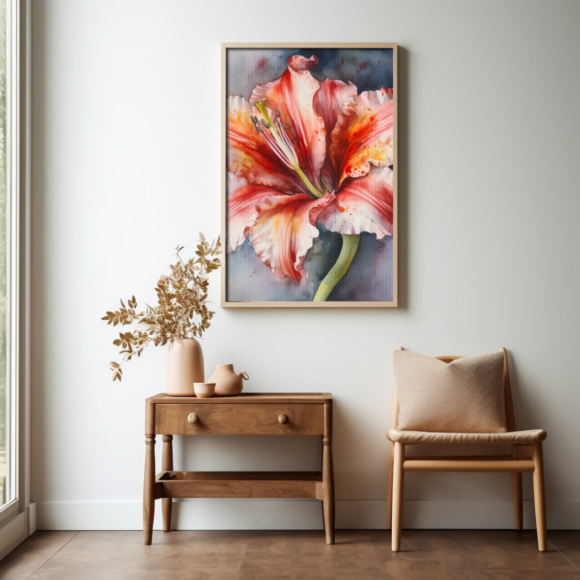 Coral Red Daylily Bloom Watercolor Floral Close Up Painting Print - Image 4