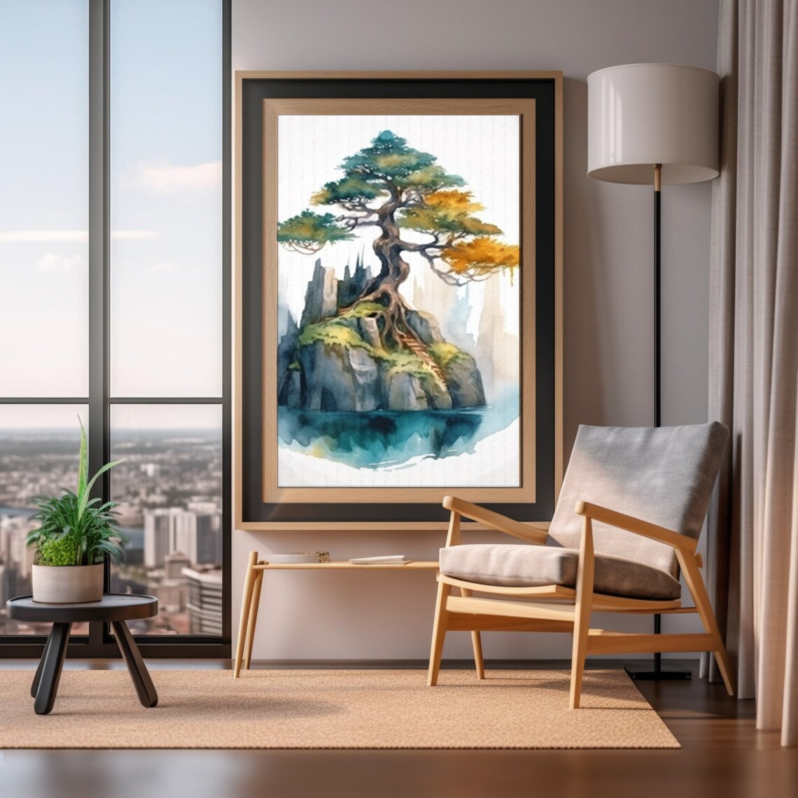 Bonsai Pine Tree Rocky Island Watercolor Zen Japanese Art Poster - Image 3