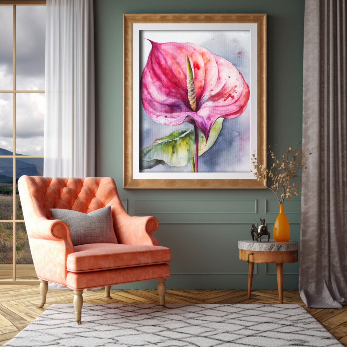 Anthurium Flower Watercolor Painting Realistic Flamingo Lily Watercolor For Hallway Bathroom Living Room Office Anthurium Painting - Image 3
