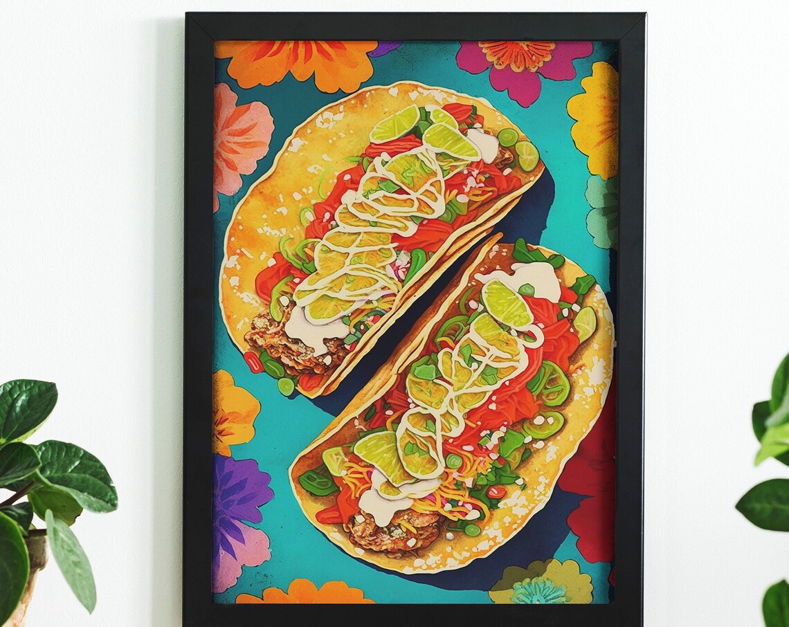 Colorful Street Tacos Lime Turquoise Floral Background Poster