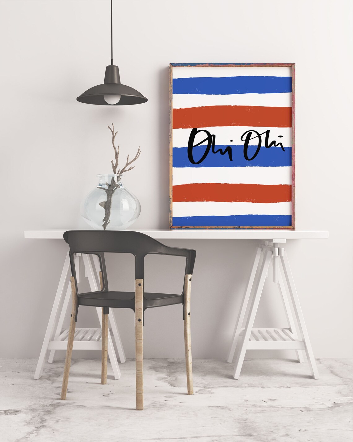 Oui Oui Red White Blue Striped French Hand Lettering Nursery Poster