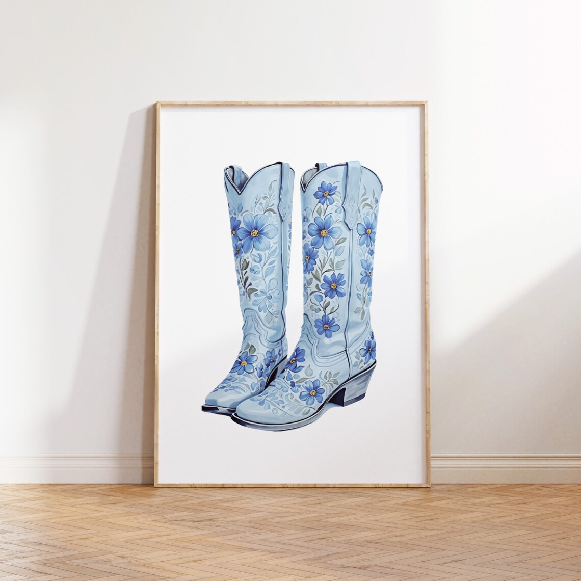 Blue Floral Cowboy Boots Chinoiserie Western Coastal Poster Fun Home Decor - Image 3