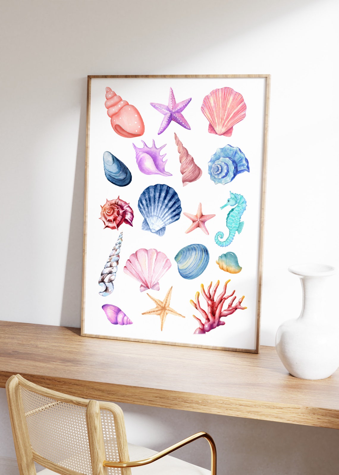 Watercolor Seashells Starfish Seahorse Coastal Collage Room Poster - Image 2