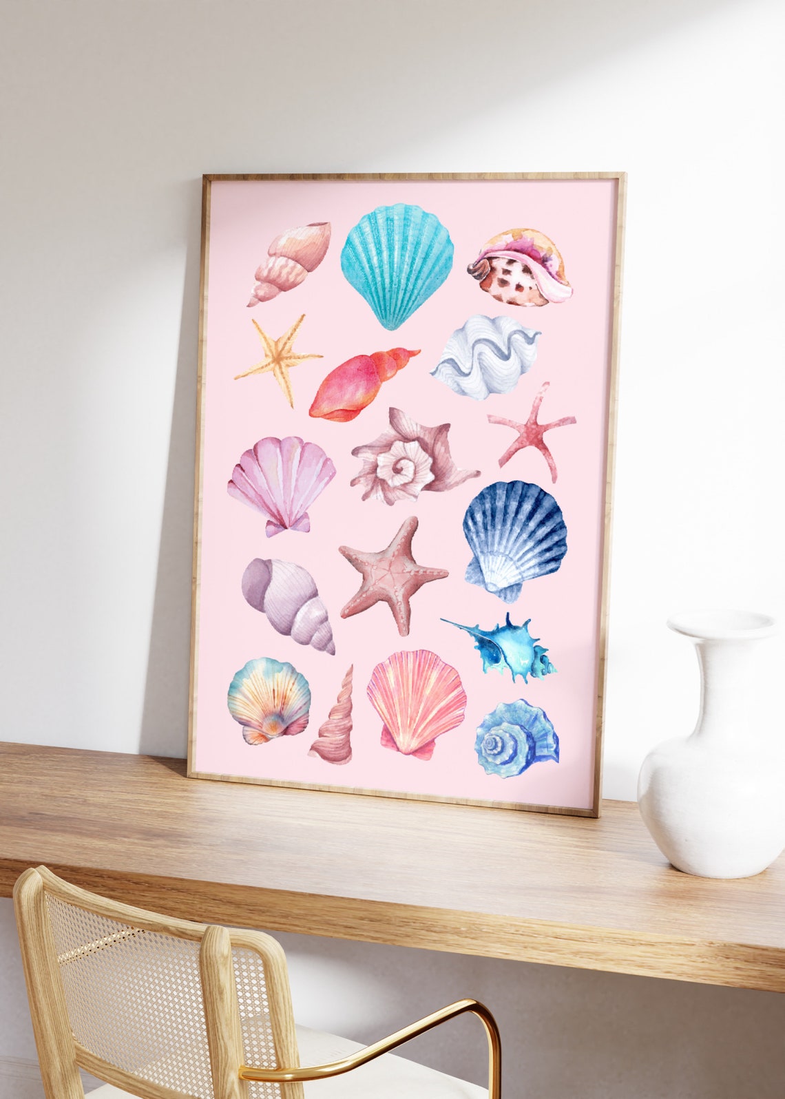 Pink Coastal Seashell Watercolor Beach Starfish Shells Poster - Image 2
