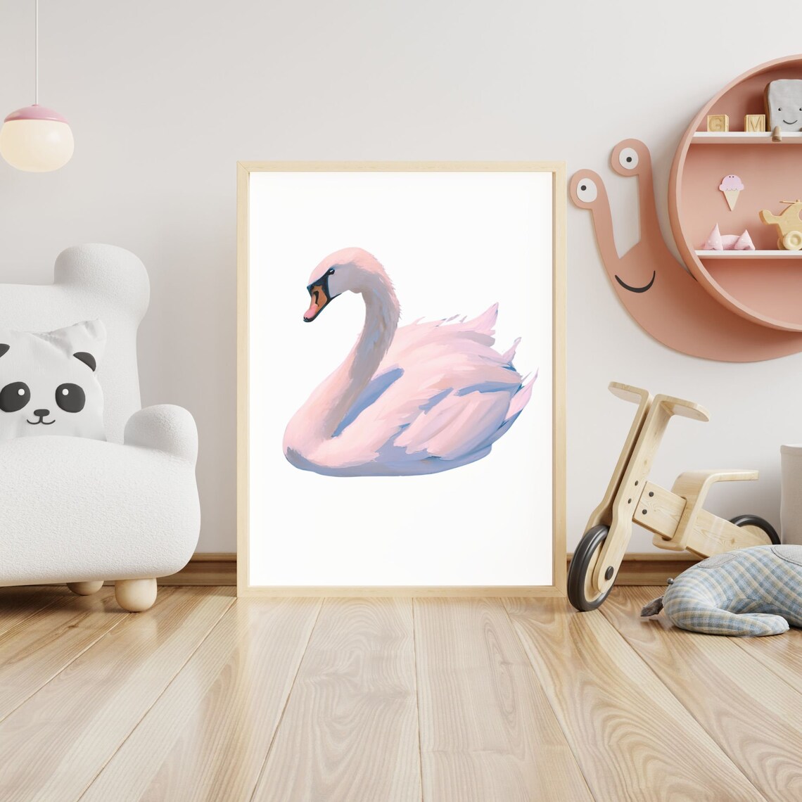 Pink Swan Watercolor Painting Pastel Nursery Kids Room Poster - Image 2