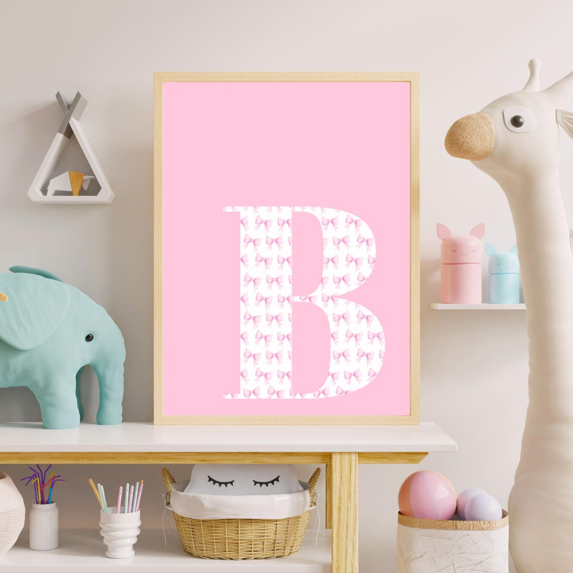 Letter B Initial White Pink Bow Pattern Sweet Kids Room Poster