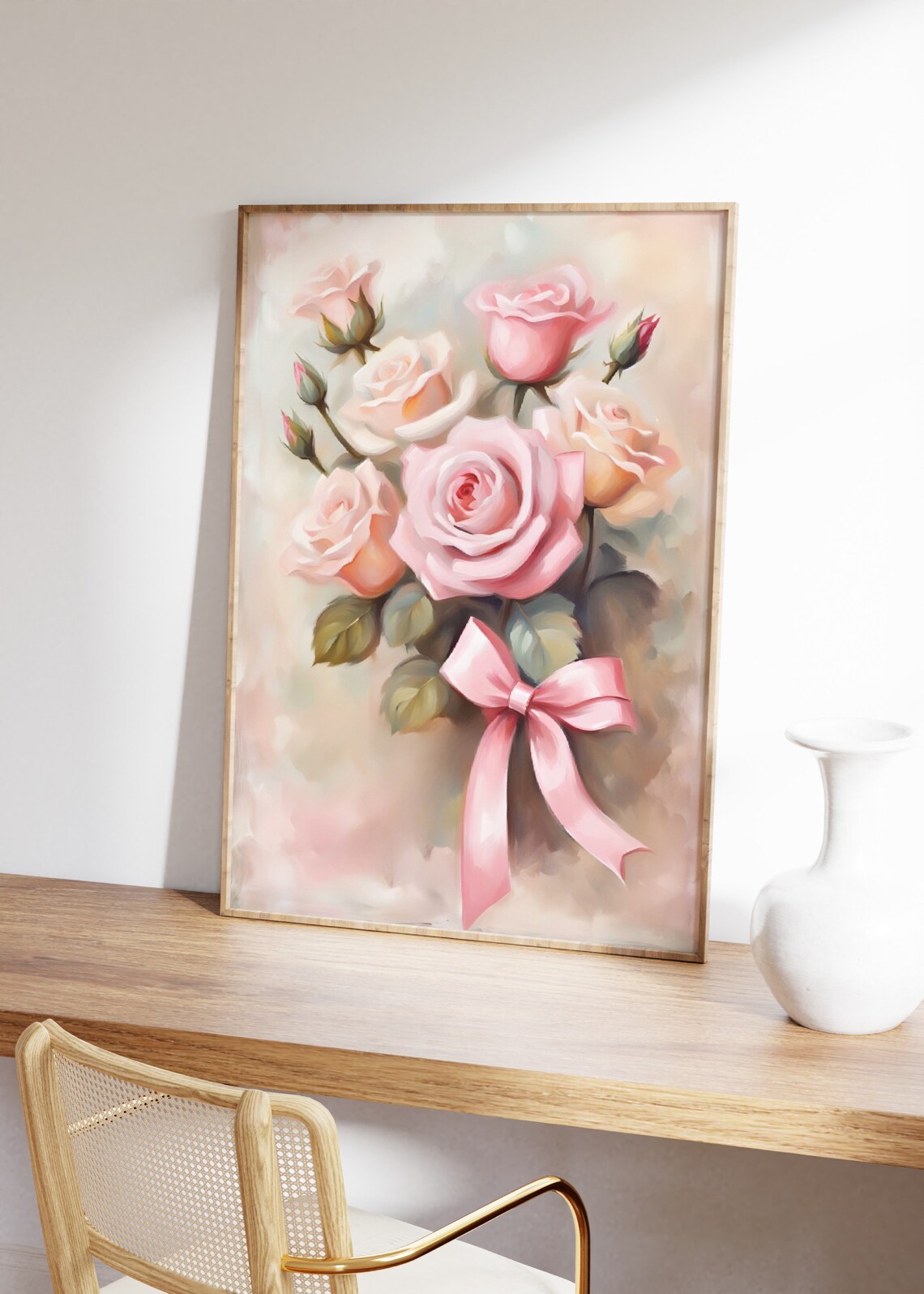 Pink Roses Oil Painting Romantic Elegant Pink Bow Floral Art Poster - Image 4
